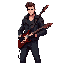 male underground guitarist–bounty hunter in a neon-lit dystopian city. lean athletic build, sharp jawline, confident posture. wears a rugged leather jacket with subtly engraved occult symbols, fingerless gloves. a custom electric guitar securely strapped 