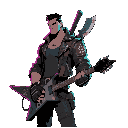 male underground guitarist–bounty hunter in a neon-lit dystopian city. lean athletic build, sharp jawline, confident posture. wears a rugged leather jacket with occult symbols subtly engraved, fingerless gloves. a custom electric guitar doubling as a mele