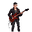 male underground guitarist–bounty hunter in a neon-lit dystopian city. lean athletic build, sharp jawline, confident posture. wears a rugged leather jacket with occult symbols subtly engraved, fingerless gloves. a custom electric guitar doubling as a mele