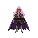 boss: undead monarch with shattered brass crown, long tattered purple cape and skeletal armor. animations: 2-frame cape wave idle, 2-frame phantom summon aura around the king