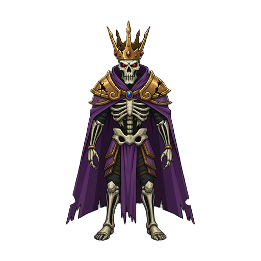  boss: undead monarch with shattered brass crown, long tattered purple cape and skeletal armor.
