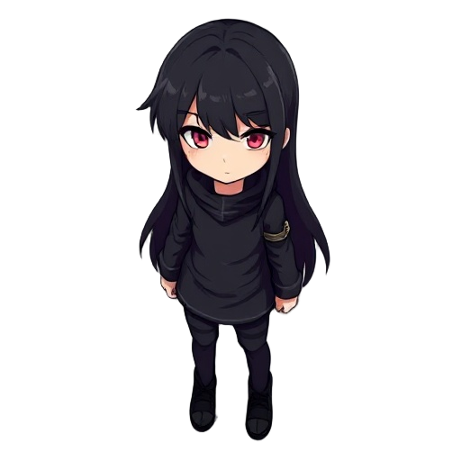 a character with long black hair, light red eyes, and wearing black clothing.