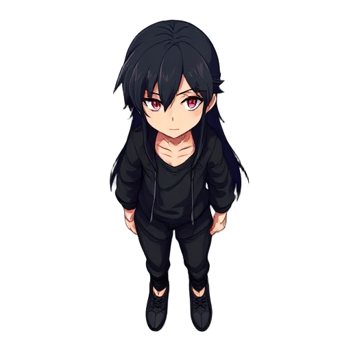 a male character with long black hair, light red eyes, and wearing black clothing.