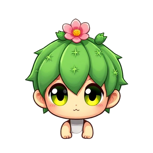 cute chibi character with short green cactus-like hair, a small pink flower and tiny cactus sprouts on the head, big yellow-green eyes