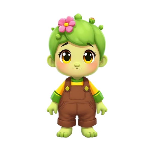 cute chibi character with short green cactus-like hair, a small pink flower and tiny cactus sprouts on the head, big yellow-green eyes, wearing a yellow shirt with green cuffs and brown overalls featuring a cactus patch, standing barefoot with green toes.