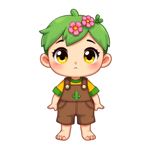 cute chibi pixel character with short green cactus-like hair, a small pink flower and tiny cactus sprouts on the head, big yellow-green eyes, wearing a yellow shirt with green cuffs and brown overalls featuring a cactus patch, standing barefoot with green