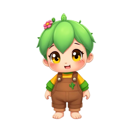 cute chibi character with short green cactus-like hair, a small pink flower and tiny cactus sprouts on the head, big yellow-green eyes, wearing a yellow shirt with green cuffs and brown overalls featuring a cactus patch, standing barefoot with green toes.