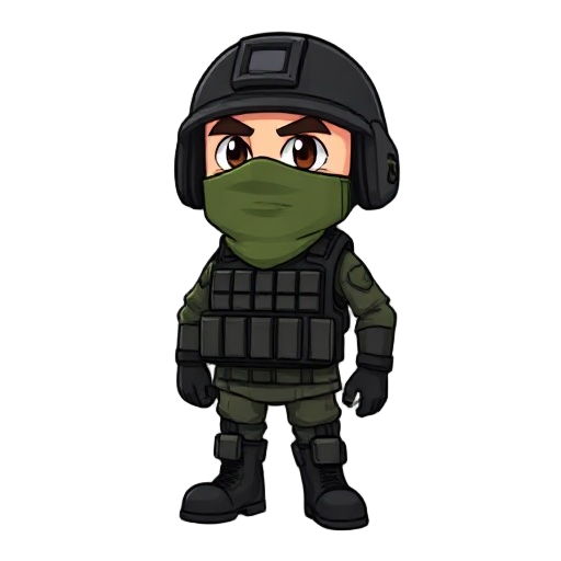 soldier, military ballistic vest, black helmet, green face mask covering nose and mouth, serious and focused expression, black boots