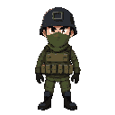 soldier, military ballistic vest, black helmet, green face mask covering nose and mouth, serious and focused expression, black boots