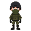 soldier, military ballistic vest, black helmet, green face mask covering nose and mouth, serious and focused expression, black boots