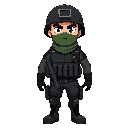 soldier, military ballistic vest, black helmet, green mask covering nose and mouth, serious and focused expression, black boots, with pistol holsters on the sides of his thighs and straps