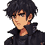 serious 2d male hero, young adult, athletic. short dark messy hair, warm brown eyes, defined jawline, slightly tanned skin. intense calm expression. dark jacket with subtle wolf motifs. subtle red eye glow. clean detailed 2d art, no background.