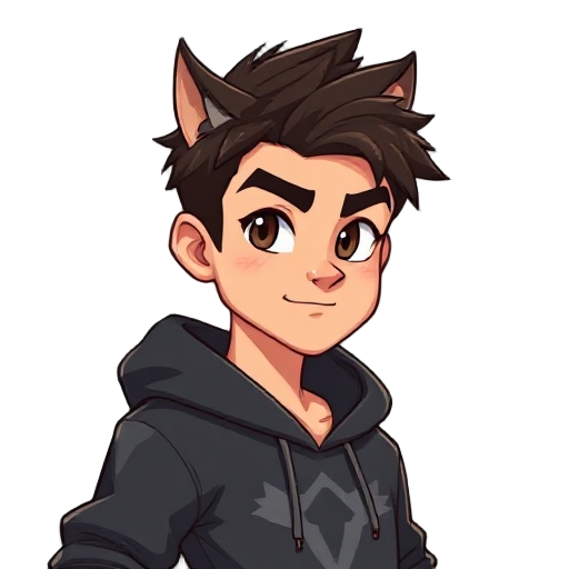 2d game character, young athletic male inspired by a werewolf hero. short messy dark brown hair, brown eyes, lightly tanned skin. wearing a dark hoodie with subtle wolf motifs. confident pose. slight werewolf hints: faint red eye glow, small fangs, light 