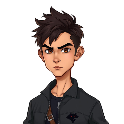 serious 2d male hero, young adult, athletic. short dark messy hair, warm brown eyes, defined jawline, slightly tanned skin. intense calm expression. dark jacket with subtle wolf motifs. subtle red eye glow. clean detailed 2d art, no background.