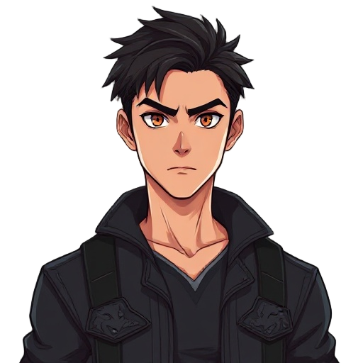 serious 2d male hero, young adult, athletic. short dark messy hair, warm brown eyes, defined jawline, slightly tanned skin. intense calm expression. dark jacket with subtle wolf motifs. subtle red eye glow. clean detailed 2d art, no background.