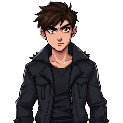 serious 2d game character, young adult male, athletic build, short messy dark brown hair, brown eyes. dark leather jacket with wolf details. mature, intense look. subtle werewolf hints: faint red eye glow, small fangs. clean 2d shading, no background.