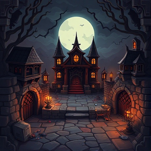 create a set of tile sets with a dark horror medieval fantasy theme.