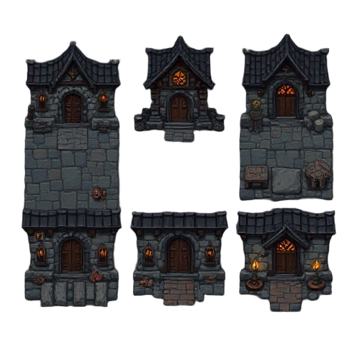 create a set of tile sets with a dark horror medieval fantasy theme.
