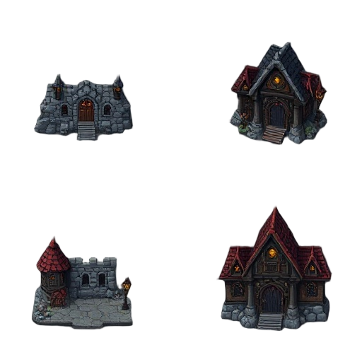 create a set of tile sets with a dark horror medieval fantasy theme.