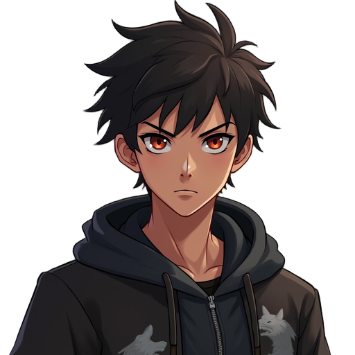 serious 2d male hero, young adult, athletic. short dark messy hair, warm brown eyes, defined jawline, slightly tanned skin. intense calm expression. dark jacket with subtle wolf motifs. subtle red eye glow. clean detailed 2d art, no background.
