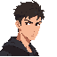 serious 2d male hero, young adult, athletic. short dark messy hair, warm brown eyes, defined jawline, slightly tanned skin. intense calm expression. dark jacket with subtle wolf motifs. subtle red eye glow. clean detailed 2d art, no background.