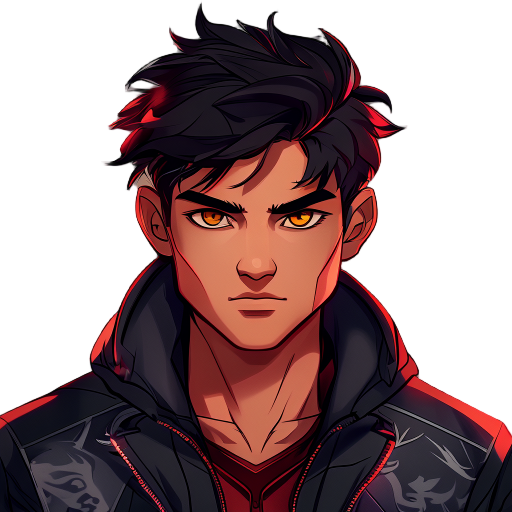 serious 2d male hero, young adult, athletic. short dark messy hair, warm brown eyes, defined jawline, slightly tanned skin. intense calm expression. dark jacket with subtle wolf motifs. subtle red eye glow. clean detailed 2d art, no background.
