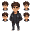 serious 2d male hero, young adult, athletic. short dark messy hair, warm brown eyes, defined jawline, slightly tanned skin. intense calm expression. dark jacket with subtle wolf motifs. subtle red eye glow. clean detailed 2d art, no background.