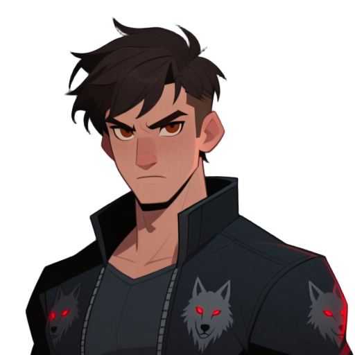 serious 2d male hero, young adult, athletic. short dark messy hair, warm brown eyes, defined jawline, slightly tanned skin. intense calm expression. dark jacket with subtle wolf motifs. subtle red eye glow. clean detailed 2d art, no background.