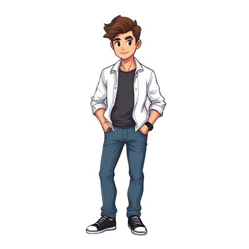 make character pixel sprite, medium high guy wearing white shirt as outer  and long jeans, with comma hair hair style, and using black shoes