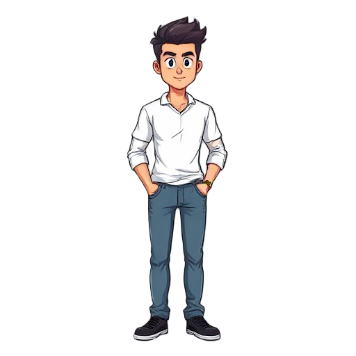 make character pixel sprite, tall guy wearing white shirt and long jeans, with comma hair hair style, and using black shoes