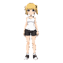 girl, black shorts, white tank top, blonde hair