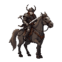 create starscourge radahn from elden ring on his horse, disproportionately large for his body, wielding his two swords.