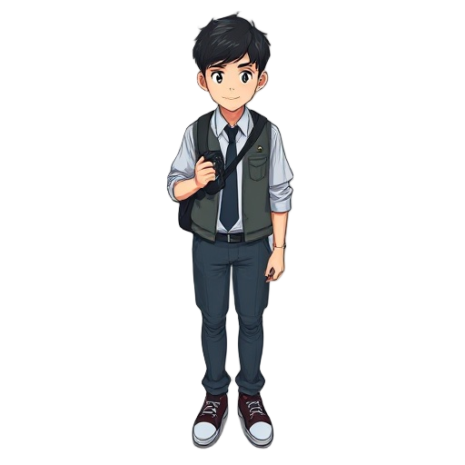 main character for horror games. student with uniform, boy, bring a camera.