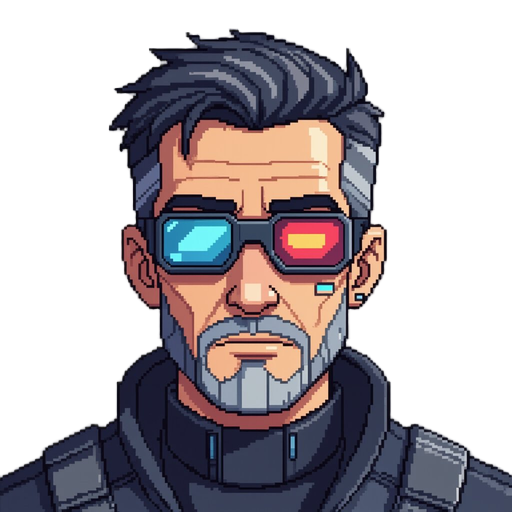 pixel anime style face close up of old tech man cyberpunk style