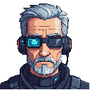 pixel anime style face close up of old tech man cyberpunk style
