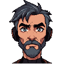 pixel anime style face close up of old tech man cyberpunk style