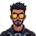 man with motorcycle casket glasses neon lights close up cyberpunk style