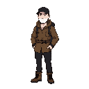 man, tall, built, white, black cap, brown coat, black pants, hiking boots