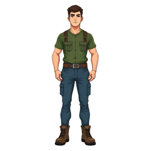 man, tall, well built, army green shirt, marine blue pants, hiking boots