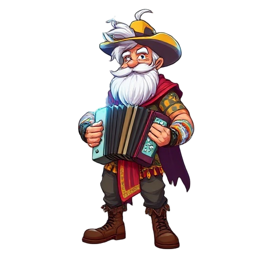 a charismatic brazilian warrior-musician holding a stylized accordion that emits electric sparks. athletic, smiling, with messy hair blown by electricity and long white beard. wears a modern cangaço-inspired hat, colorful open shirt, scarf, decorative pan