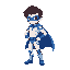 pixel-art hero with brown hair, blue mask, white suit with blue details, and a blue cape.