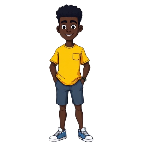 preciso de um personagem negro de camisa amarela e cabelo crespo, como se tivesse 1,65 de altura, ele está de camisa amarela e calça cinza, com um tenis azul