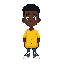 preciso de um personagem negro de camisa amarela e cabelo crespo, como se tivesse 1,65 de altura, ele está de camisa amarela e calça cinza, com um tenis azul