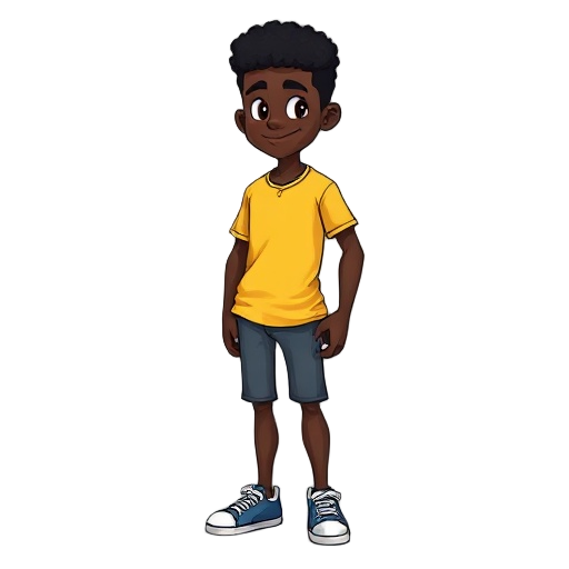 preciso de um personagem negro de camisa amarela e cabelo crespo, como se tivesse 1,65 de altura, ele está de camisa amarela e calça cinza, com um tenis azul