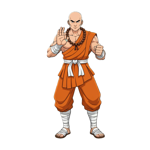 muscular bald shaolin monk in orange robes, wooden prayer beads, white wrist bandages, and traditional white leg wraps. martial arts stance: one hand raised blocking, other fisted. 2d cel-shaded anime fighter style.