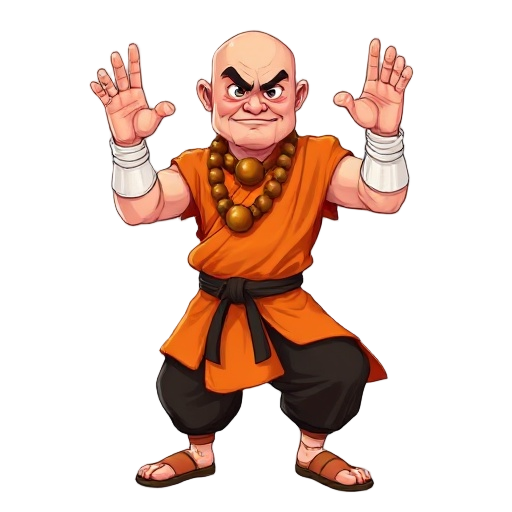 a muscular bald shaolin monk. he is wearing traditional orange robes, large wooden prayer beads around his neck, white wrist bandages, and black kung-fu pants. he is in a martial arts fighting stance, with one hand raised in a blocking gesture and the oth