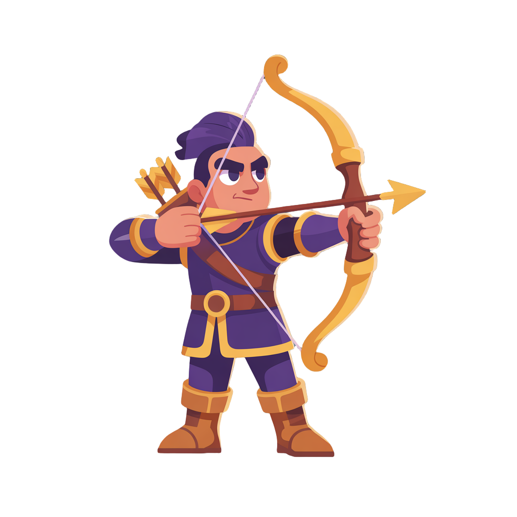 archer, wearing purple clothes and carrying a yellow bow