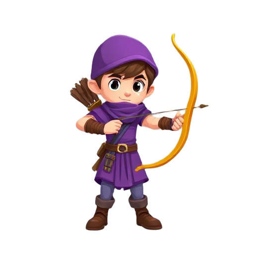 archer, wearing purple clothes and carrying a yellow bow