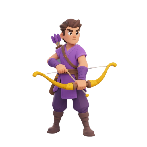 archer, wearing purple clothes and carrying a yellow bow