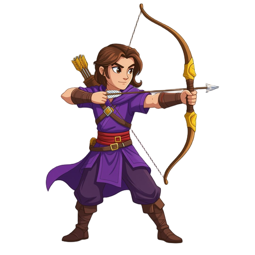 archer, wearing purple clothes and carrying a yellow bow